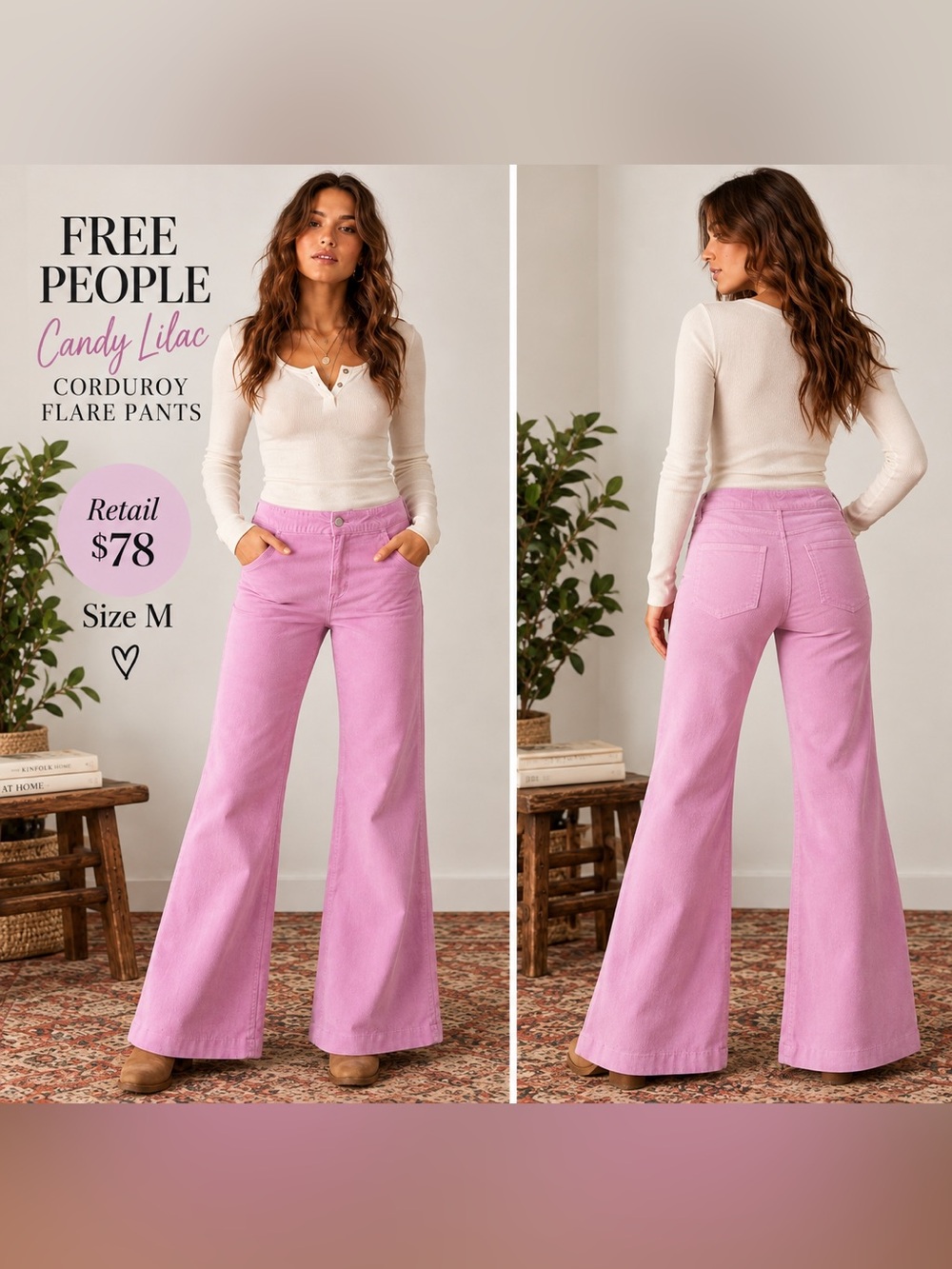NWT Free People Candy Lilac Pink Corduroy Flare
Pants Size M